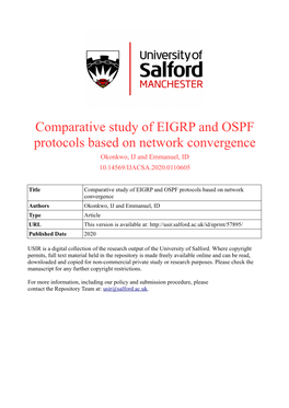 Comparative Study of EIGRP and OSPF Protocols Based on Network Convergence Okonkwo, IJ and Emmanuel, ID 10.14569/IJACSA.2020.0110605