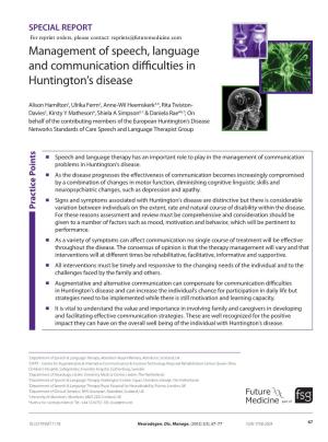 Management of Speech, Language and Communication Difficulties in Huntington’S Disease