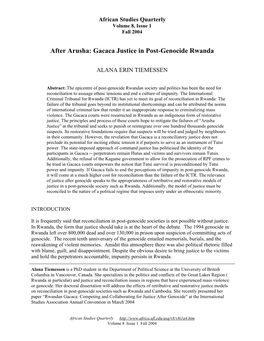 After Arusha: Gacaca Justice in Post-Genocide Rwanda
