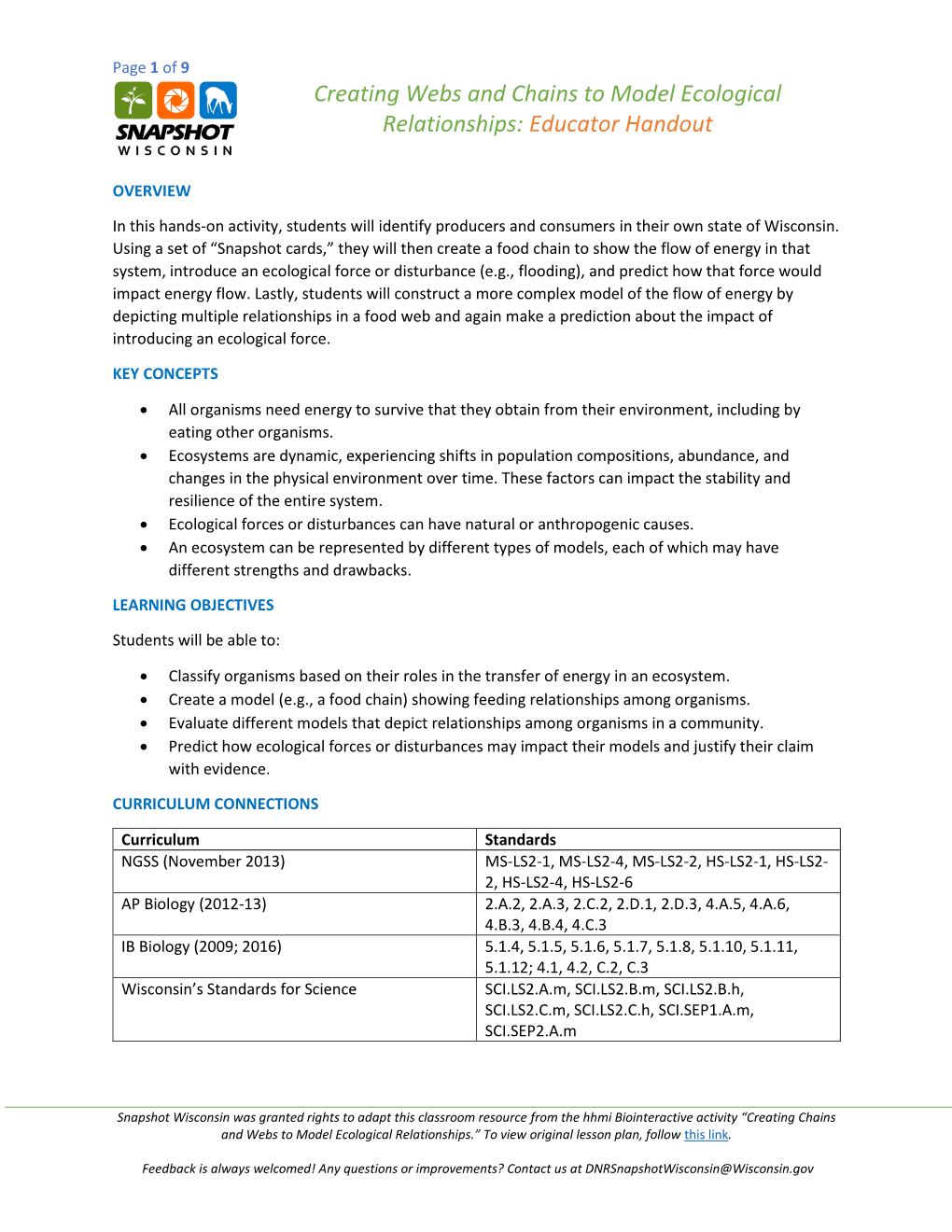 Creating Webs and Chains to Model Ecological Relationships: Educator Handout