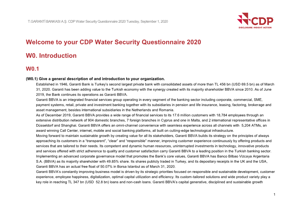 Welcome to Your CDP Water Security Questionnaire 2020