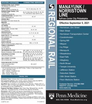 Manyunk / Norristown Line Mondays Through Fridays Effective September 7, 2021
