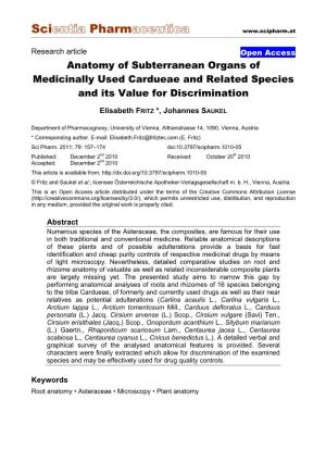 Anatomy of Subterranean Organs of Medicinally Used Cardueae and Related Species and Its Value for Discrimination