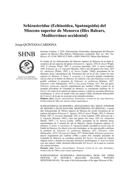 Schizasteridae (Echinoidea, Spatangoida) Del Mioceno Superior De Menorca (Illes Balears, Mediterráneo Occidental)