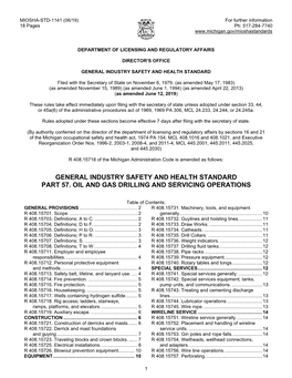 General Industry Safety and Health Standard Part 57. Oil and Gas Drilling and Servicing Operations