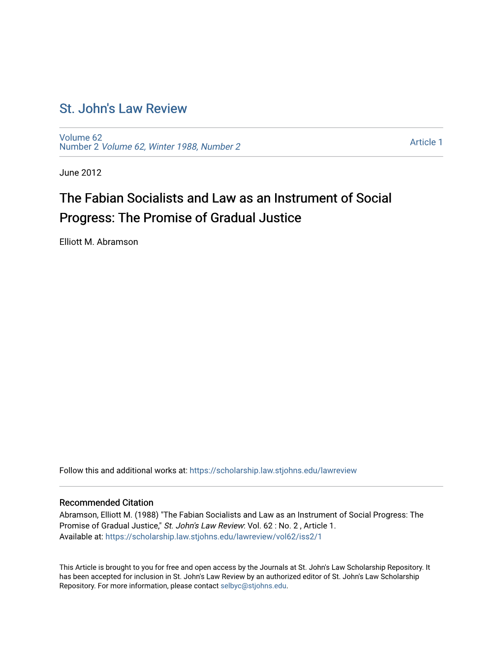 The Fabian Socialists and Law As an Instrument of Social Progress: the Promise of Gradual Justice