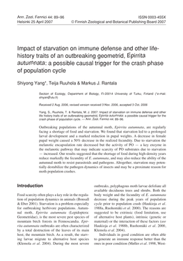 History Traits of an Outbreaking Geometrid, Epirrita Autumnata: a Possible Causal Trigger for the Crash Phase of Population Cycle