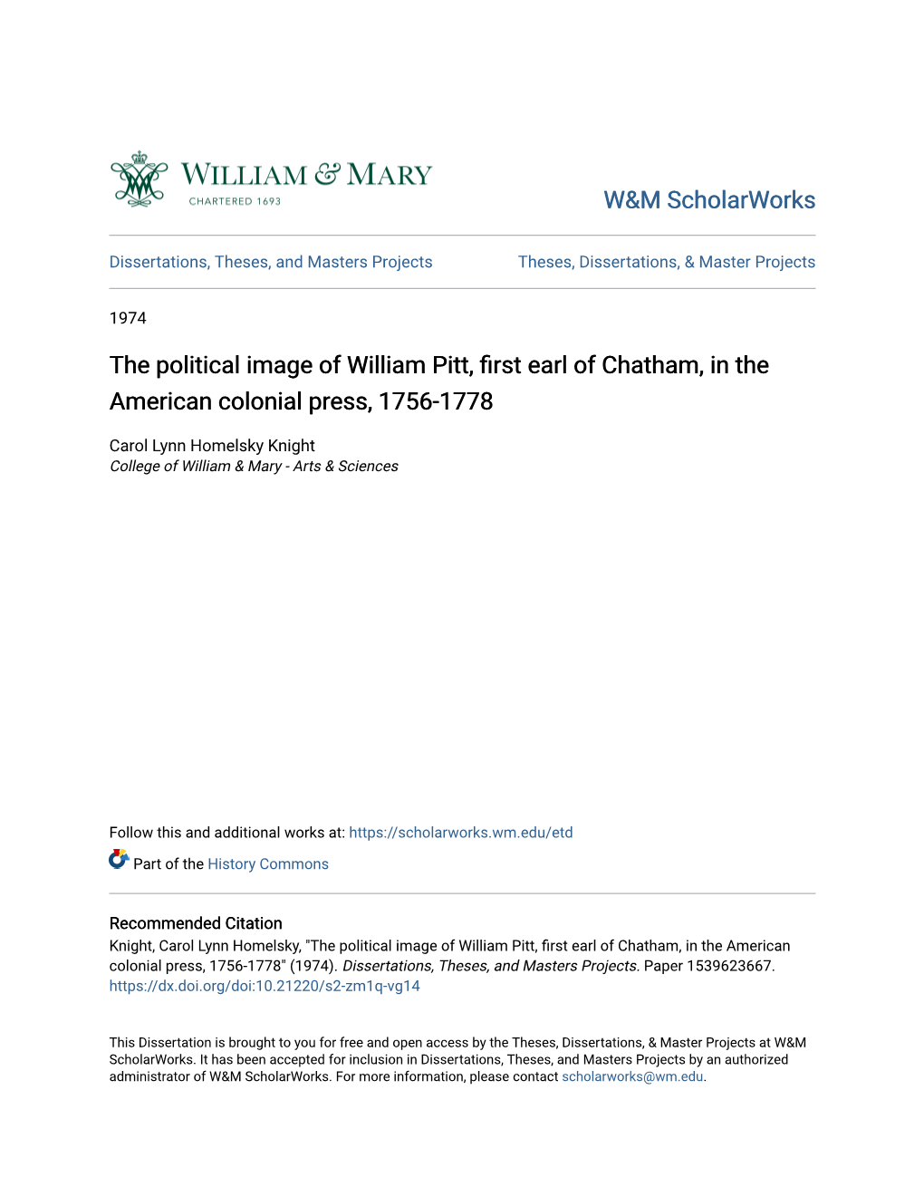 The Political Image of William Pitt, First Earl of Chatham, in the American Colonial Press, 1756-1778