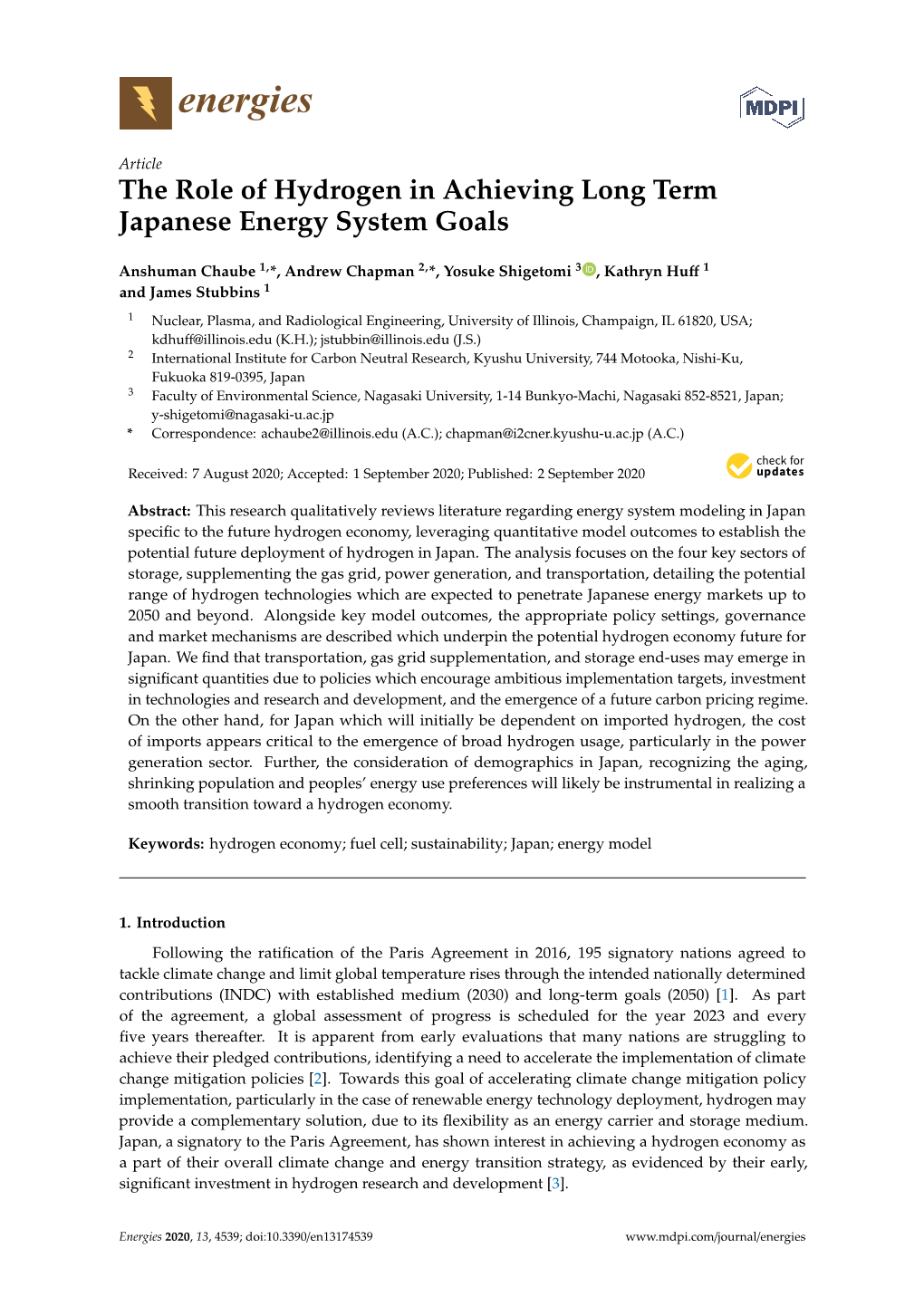 The Role of Hydrogen in Achieving Long Term Japanese Energy System Goals