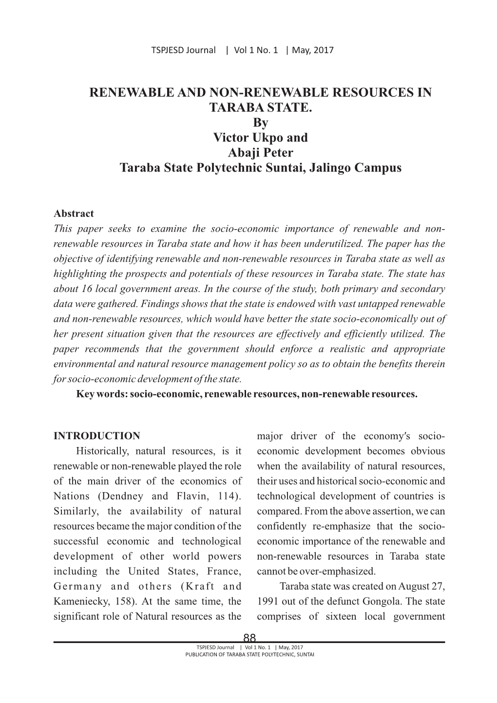 Renewable and Non-Renewable Resources in Taraba State