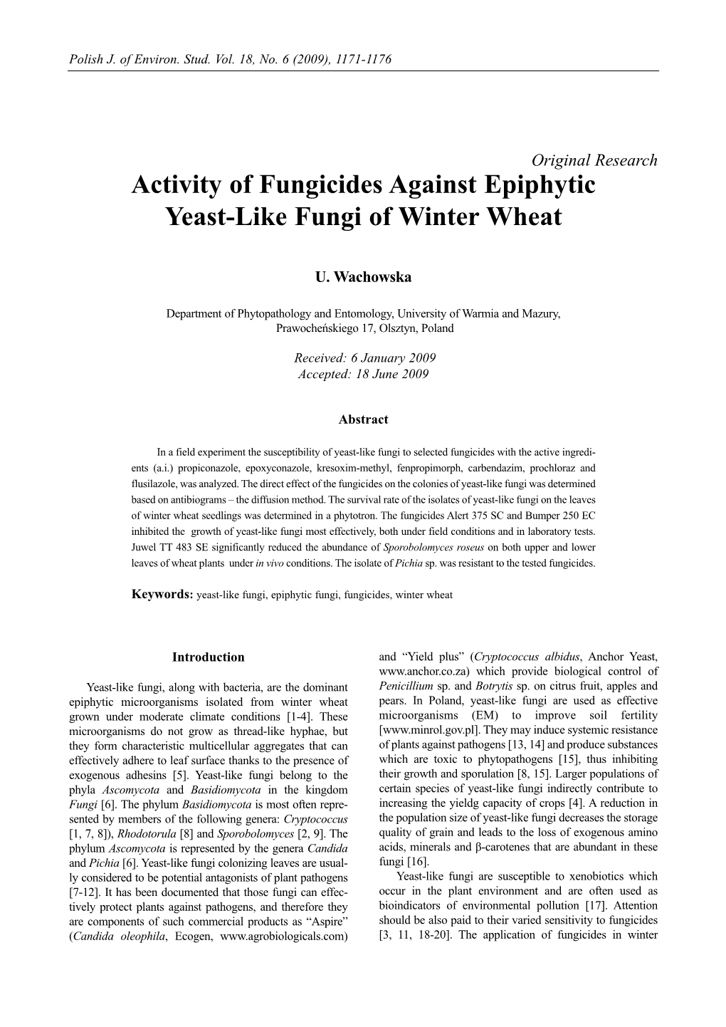 Activity of Fungicides Against Epiphytic Yeast-Like Fungi of Winter Wheat