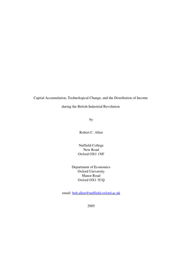 Capital Accumulation, Technological Change, and the Distribution of Income During the British Industrial Revolution by Robert C