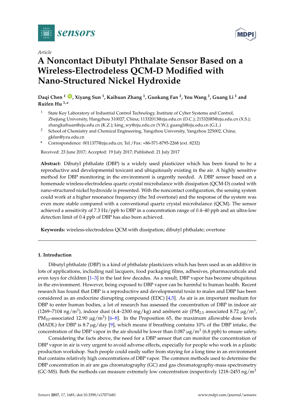 A Noncontact Dibutyl Phthalate Sensor Based on a Wireless-Electrodeless QCM-D Modiﬁed with Nano-Structured Nickel Hydroxide