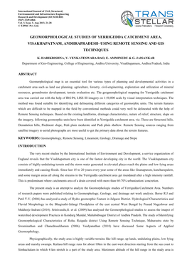 Geomorphological Studies of Yerrigedda Catchment Area, Visakhapatnam, Andhrapradesh- Using Remote Sensing and Gis Techniques