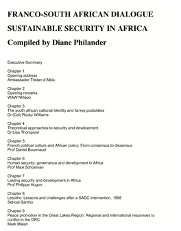 FRANCO-SOUTH AFRICAN DIALOGUE SUSTAINABLE SECURITY in AFRICA Compiled by Diane Philander