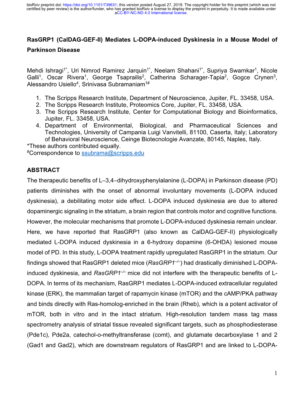 Mediates L-DOPA-Induced Dyskinesia in a Mouse Model of Parkinson Disease