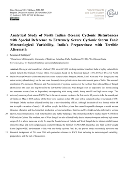 Analytical Study of North Indian Oceanic Cyclonic Disturbances with Special Reference to Extremely Severe Cyclonic Storm Fani
