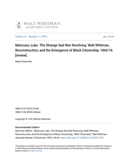 Mancuso, Luke. the Strange Sad War Revolving: Walt Whitman, Reconstruction, and the Emergence of Black Citizenship, 1865-76 [Review]