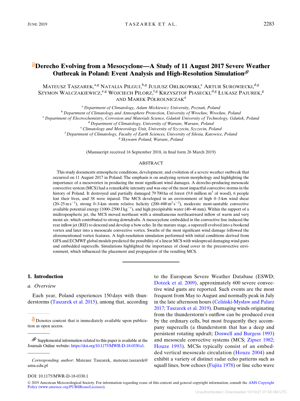 Downloaded 10/10/21 07:58 AM UTC 2284 MONTHLY WEATHER REVIEW VOLUME 147 Patterns (Nolen 1959; Funk Et Al