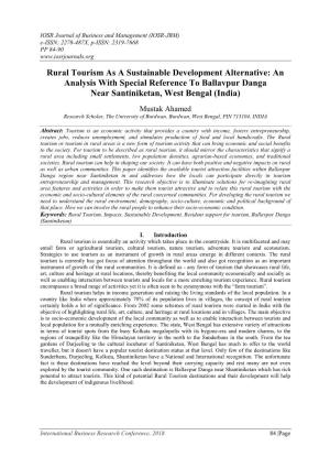 Rural Tourism As a Sustainable Development Alternative: an Analysis with Special Reference to Ballavpur Danga Near Santiniketan, West Bengal (India)