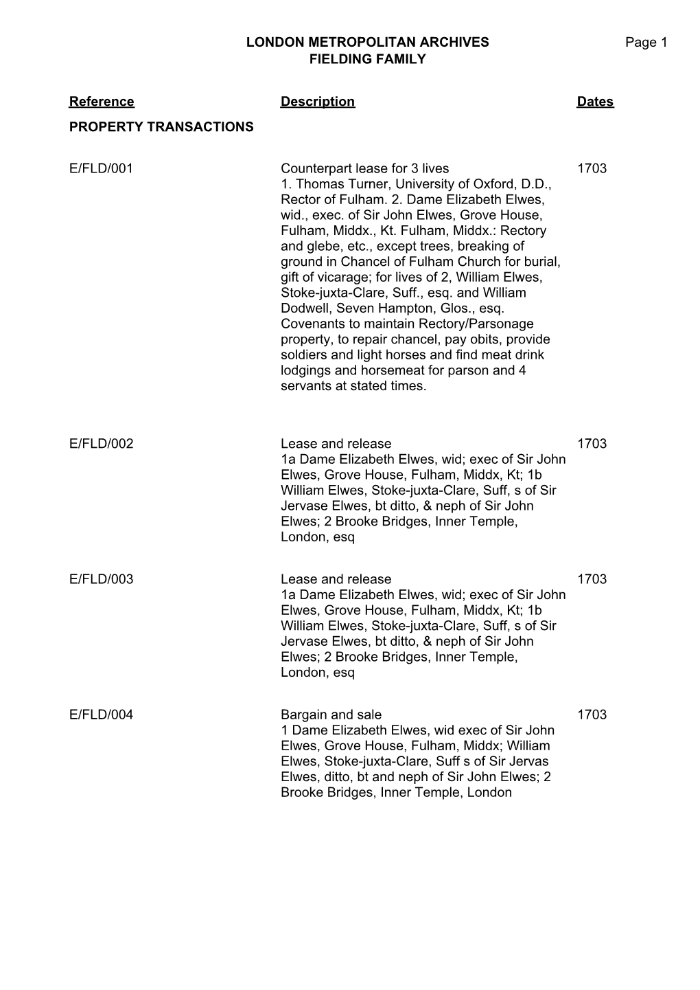 London Metropolitan Archives Fielding Family E