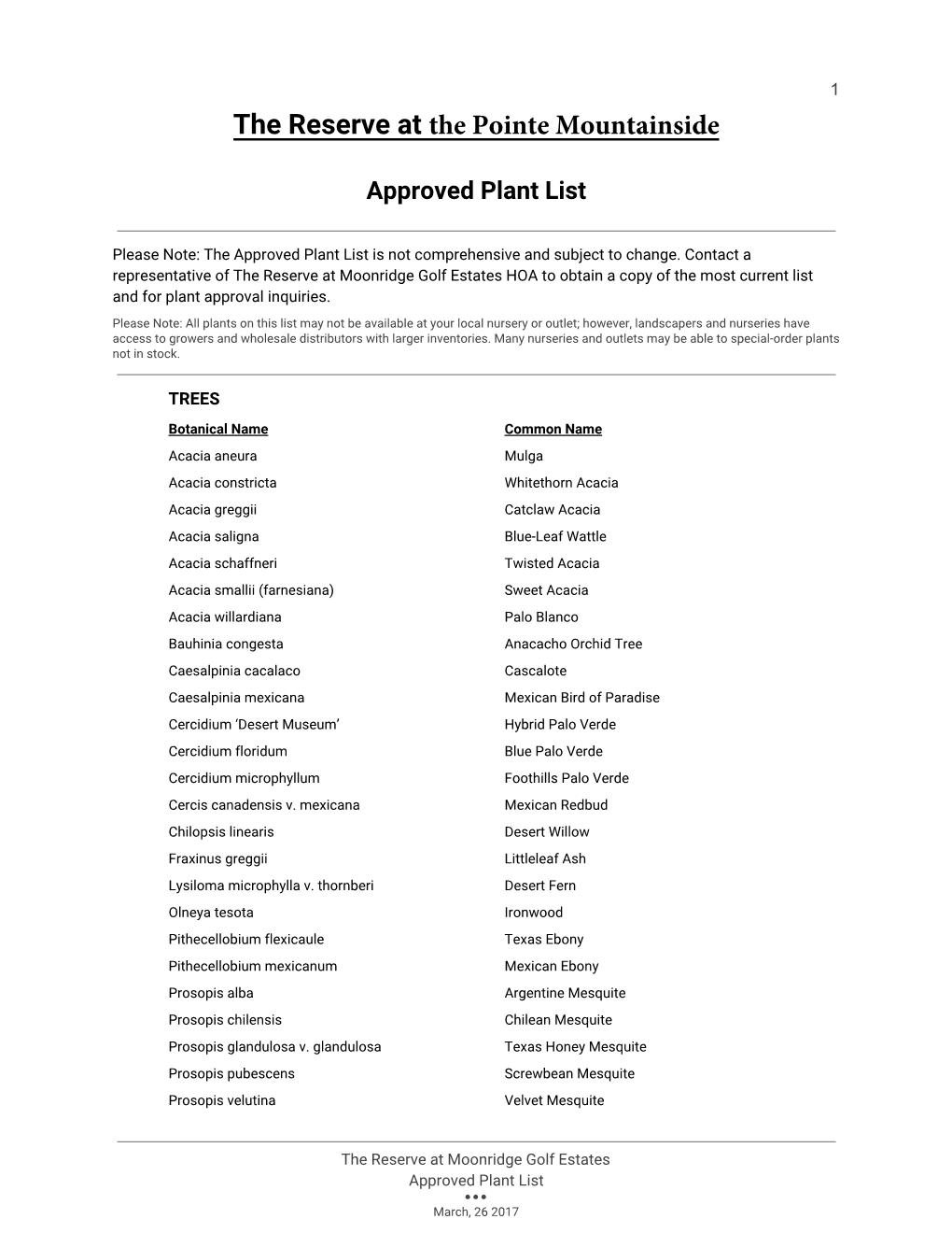 The Reserve at the Pointe Mountainside Approved Plant List