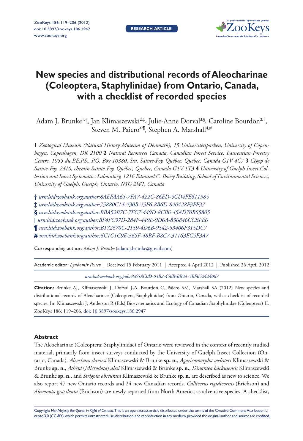 New Species and Distributional Records of Aleocharinae (Coleoptera, Staphylinidae) from Ontario, Canada, with a Checklist of Recorded Species