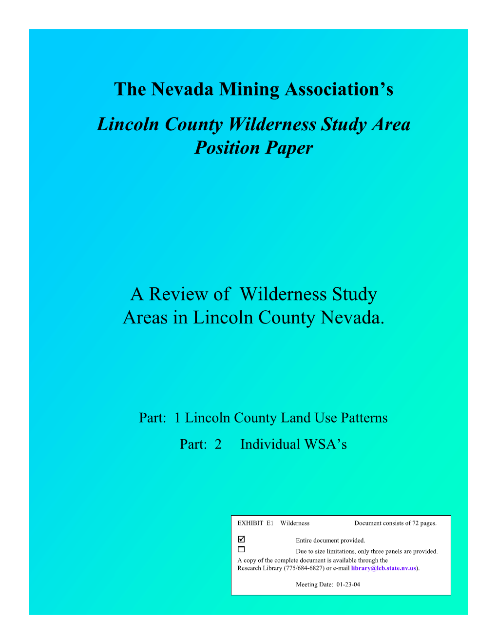 The Nevada Mining Association's Lincoln County Wilderness Study