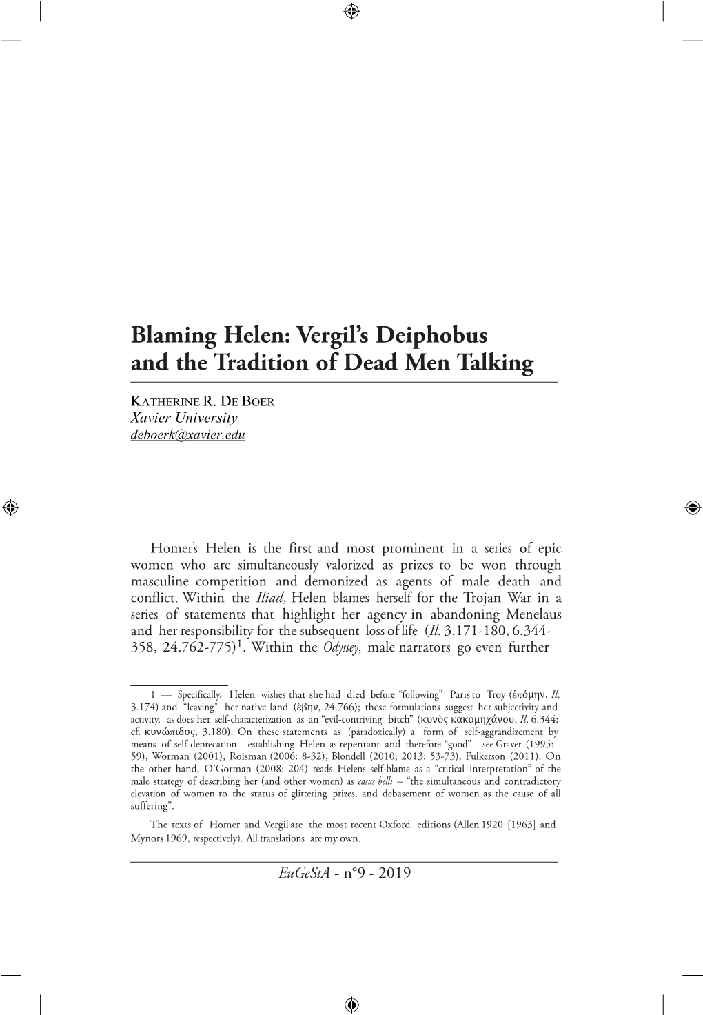 Blaming Helen: Vergil’S Deiphobus and the Tradition of Dead Men Talking