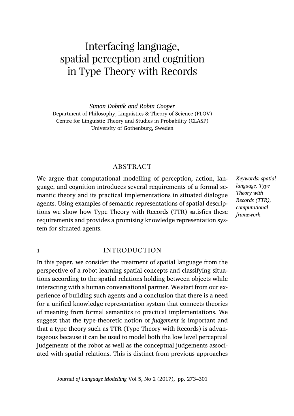 Interfacing Language, Spatial Perception and Cognition in Type Theory with Records