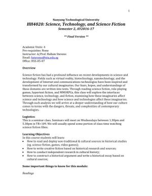 Science, Technology, and Science Fiction Semester 2, AY2016-17