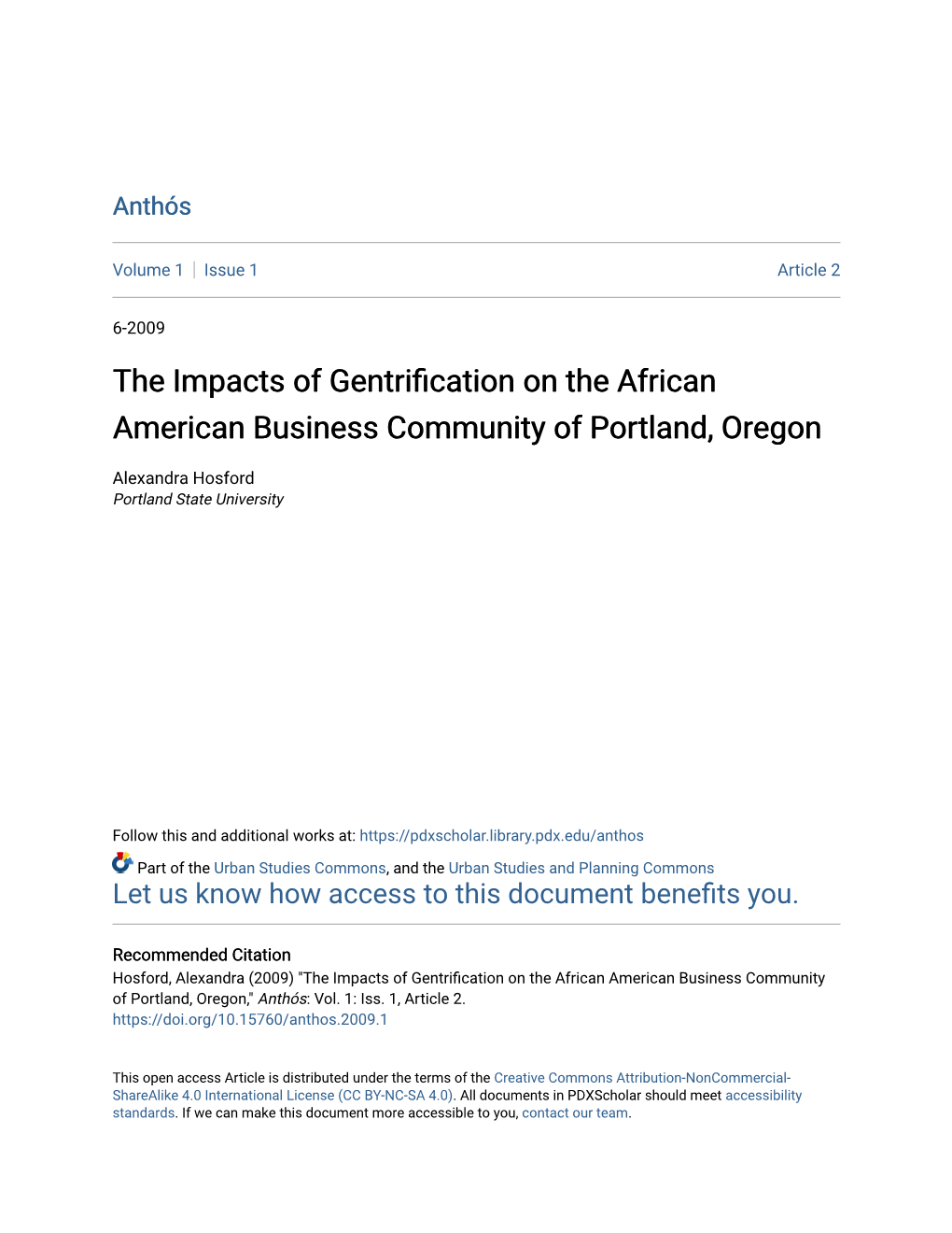 The Impacts of Gentrification on the African American Business Community of Portland, Oregon