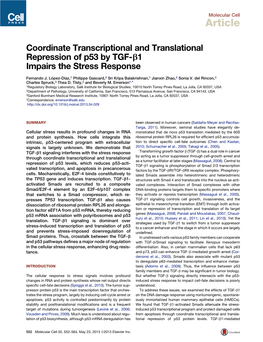 Coordinate Transcriptional and Translational Repression of P53 by TGF-B1 Impairs the Stress Response