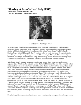 “Goodnight, Irene”--Lead Belly (1933) Added to the National Registry: 2003 Essay by Christopher Lornell (Guest Post)*