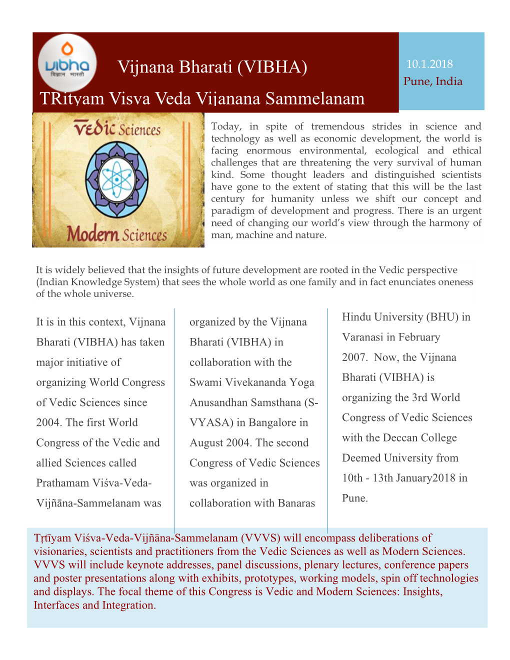 Vijnana Bharati (VIBHA) Trityam Visva Veda Vijanana Sammelanam