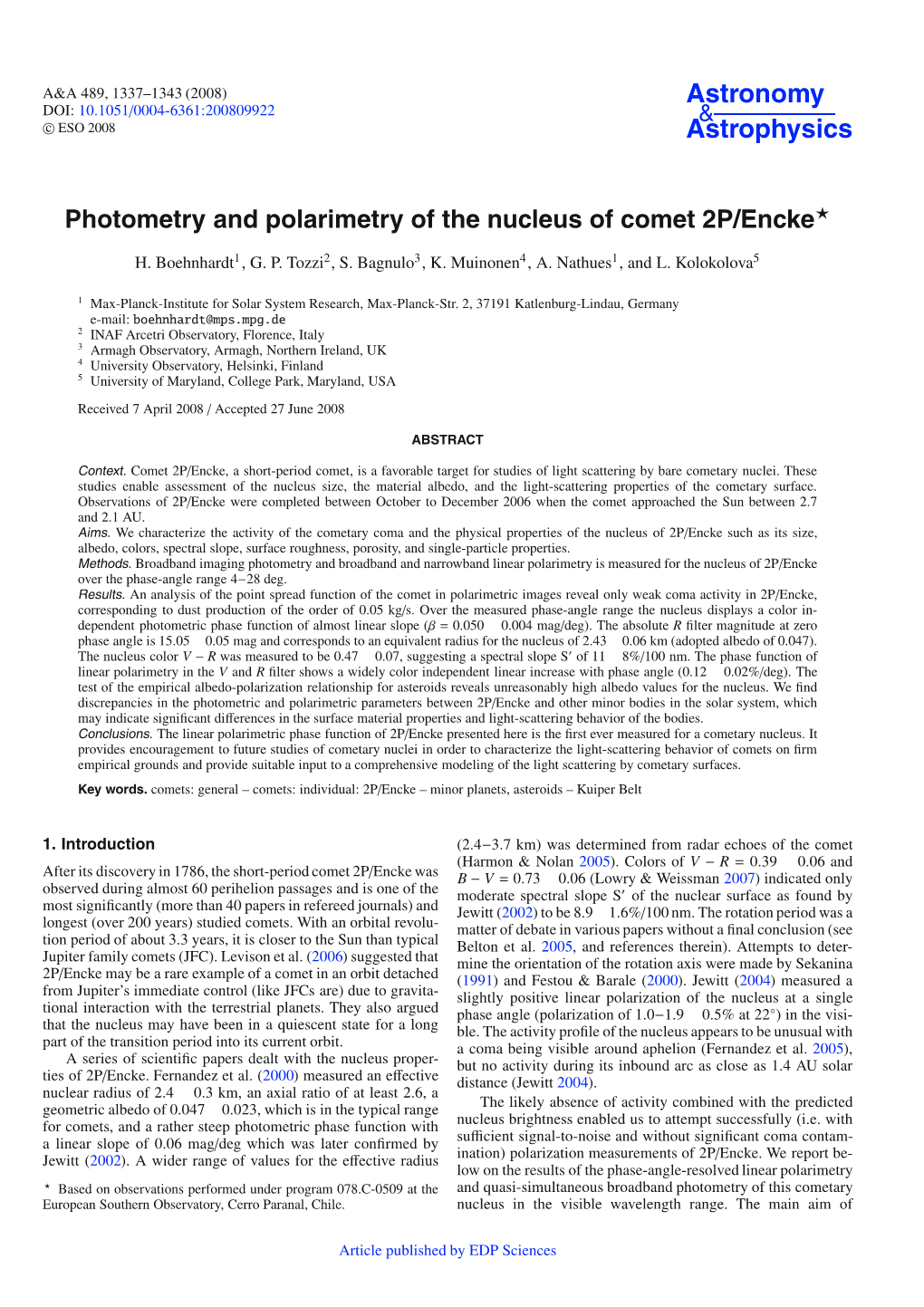 Photometry and Polarimetry of the Nucleus of Comet 2P/Encke