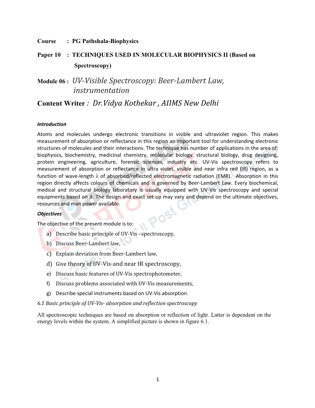 UV-Visible Spectroscopy: Beer-Lambert Law, Instrumentation Content Writer : Dr.Vidya Kothekar , AIIMS New Delhi