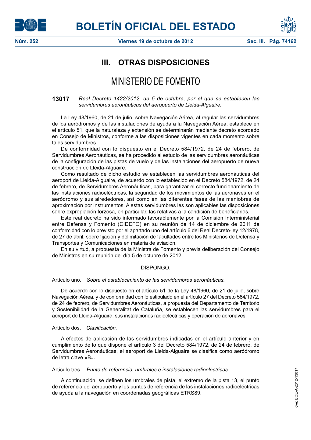 Disposición 13017 Del BOE Núm. 252 De 2012