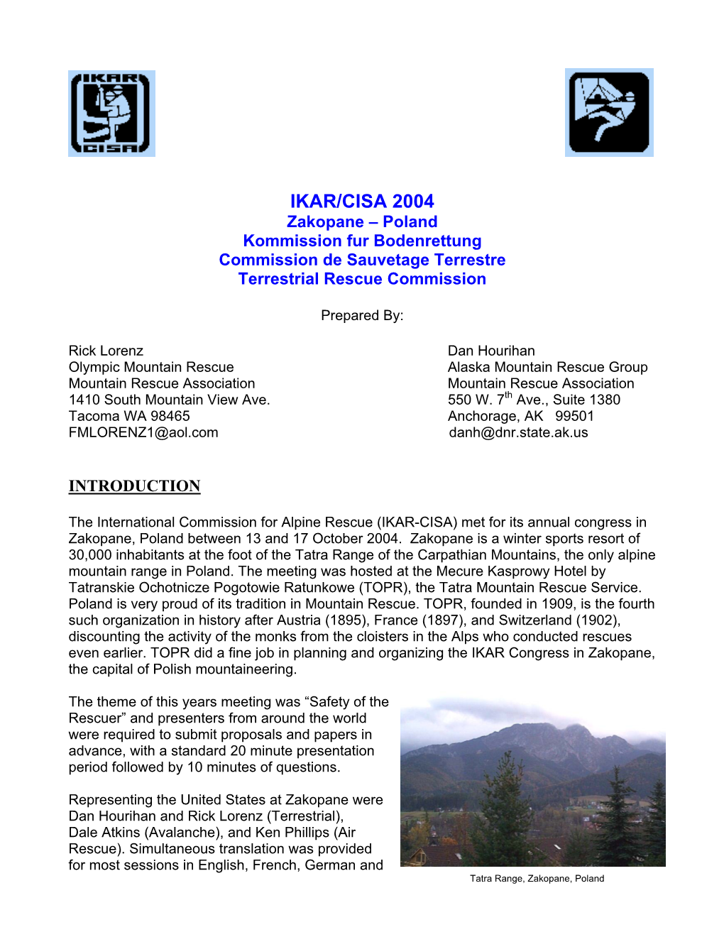 2004 ICAR Terrestrial Report, Zakopane