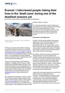 Death Zone' During One of the Deadliest Seasons Yet 8 July 2019, by Jase Wilson, Dorina-Maria Buda and Elisa Burrai