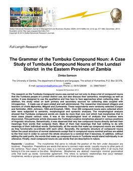 The Grammar of the Tumbuka Compound Noun: a Case Study of Tumbuka Compound Nouns of the Lundazi District in the Eastern Province of Zambia