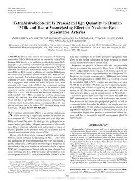 Tetrahydrobiopterin Is Present in High Quantity in Human Milk and Has a Vasorelaxing Effect on Newborn Rat Mesenteric Arteries