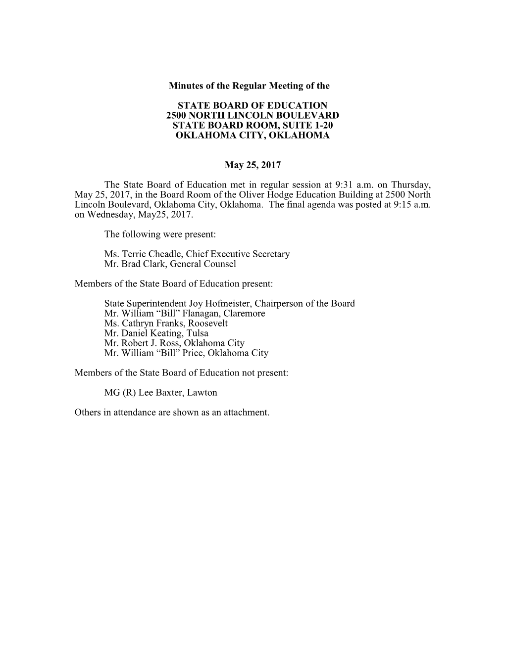 Minutes of the Regular Meeting of the STATE BOARD of EDUCATION