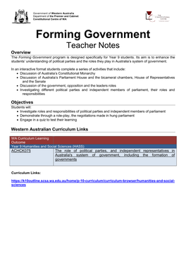 Forming Government Teacher Notes Overview the Forming Government Program Is Designed Specifically for Year 9 Students