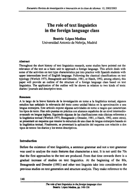 The Role of Text Linguistics in the Foreign Language Class