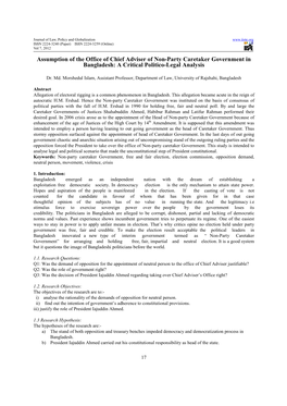 Assumption of the Office of Chief Adviser of Non-Party Caretaker Government in Bangladesh: a Critical Politico-Legal Analysis