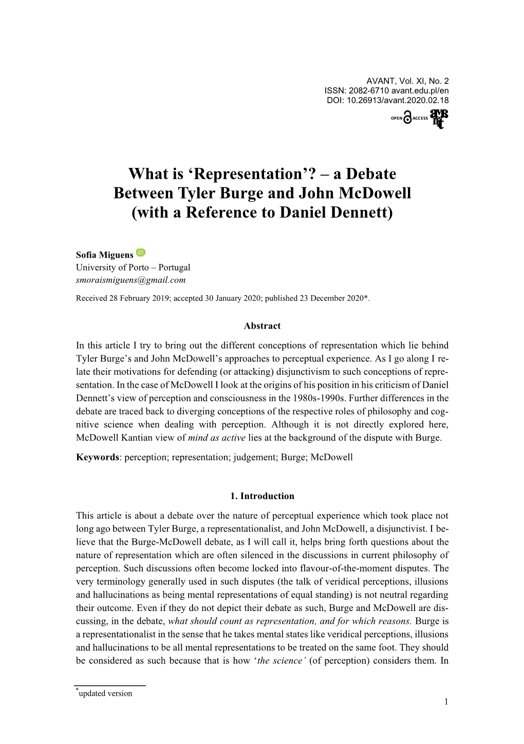 'Representation'? – a Debate Between Tyler Burge and John Mcdowell