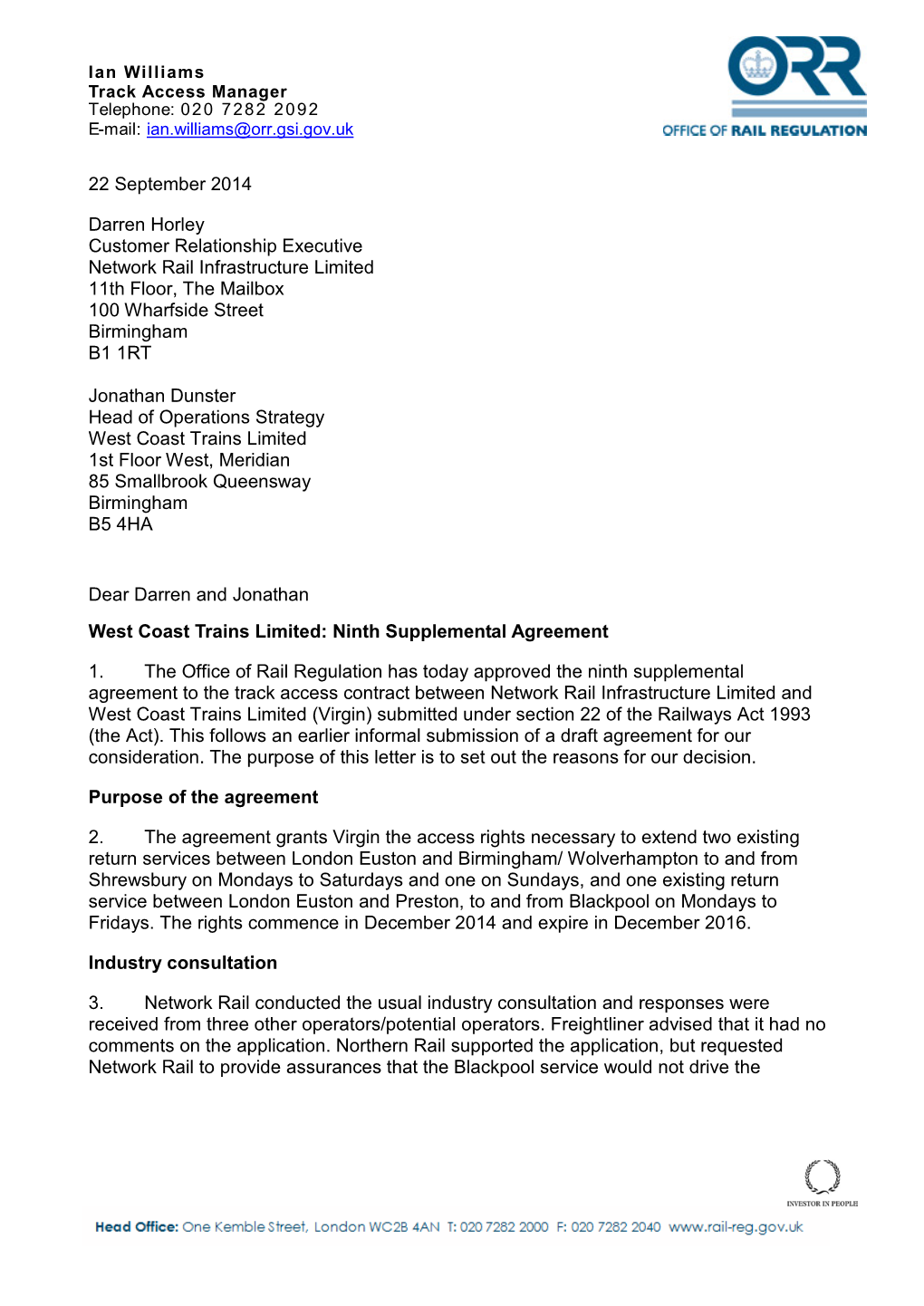 West Coast Trains Limited 9 Supplemental Agreement Decision Letter