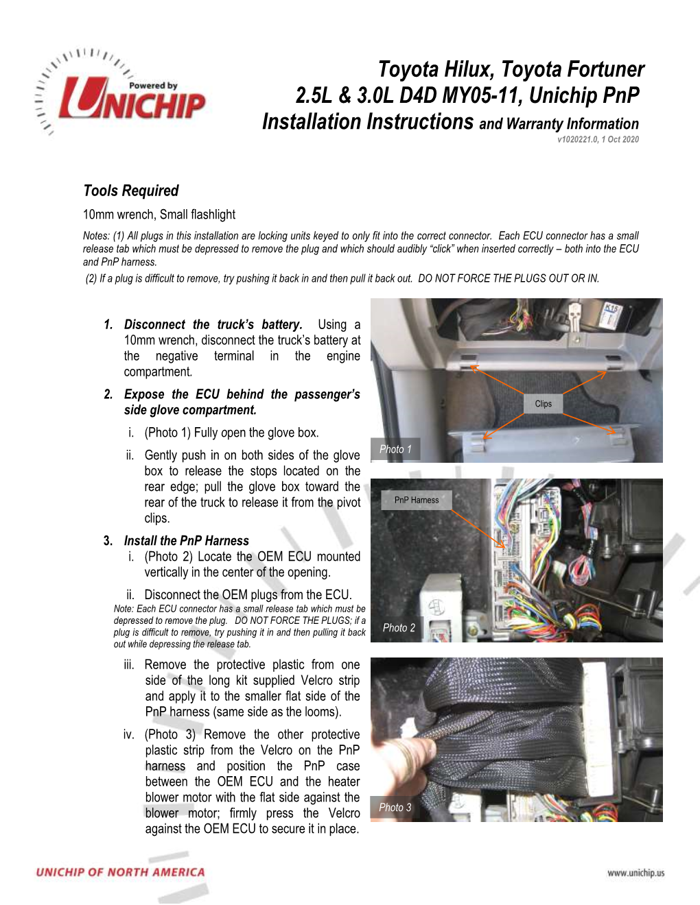 Toyota Hilux, Toyota Fortuner 2.5L & 3.0L D4D MY05-11, Unichip Pnp Installation Instructions and Warranty Information