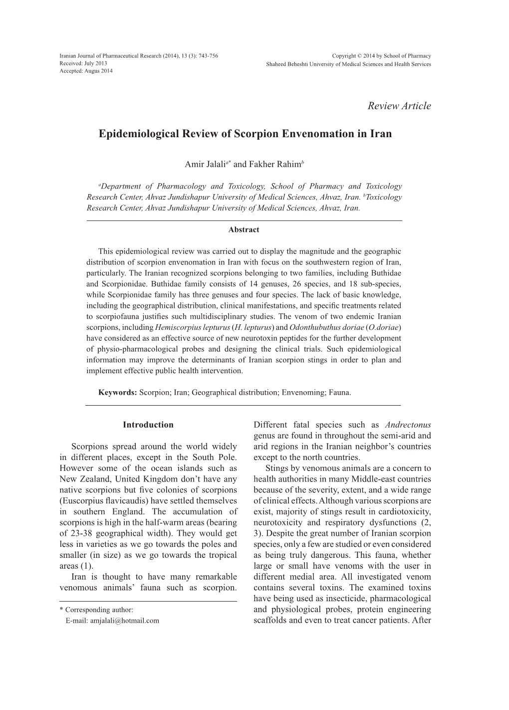 Epidemiological Review of Scorpion Envenomation in Iran